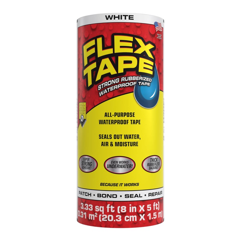 Flex Tape, Original Thick Flexible Rubberized Waterproof Tape - Seal and Patch Leaks, Works Underwater, Indoor Outdoor - Home RV Roof Plumbing and Pool Repairs, White, 8 in x 5 ft, Pack of 1 - Image 1